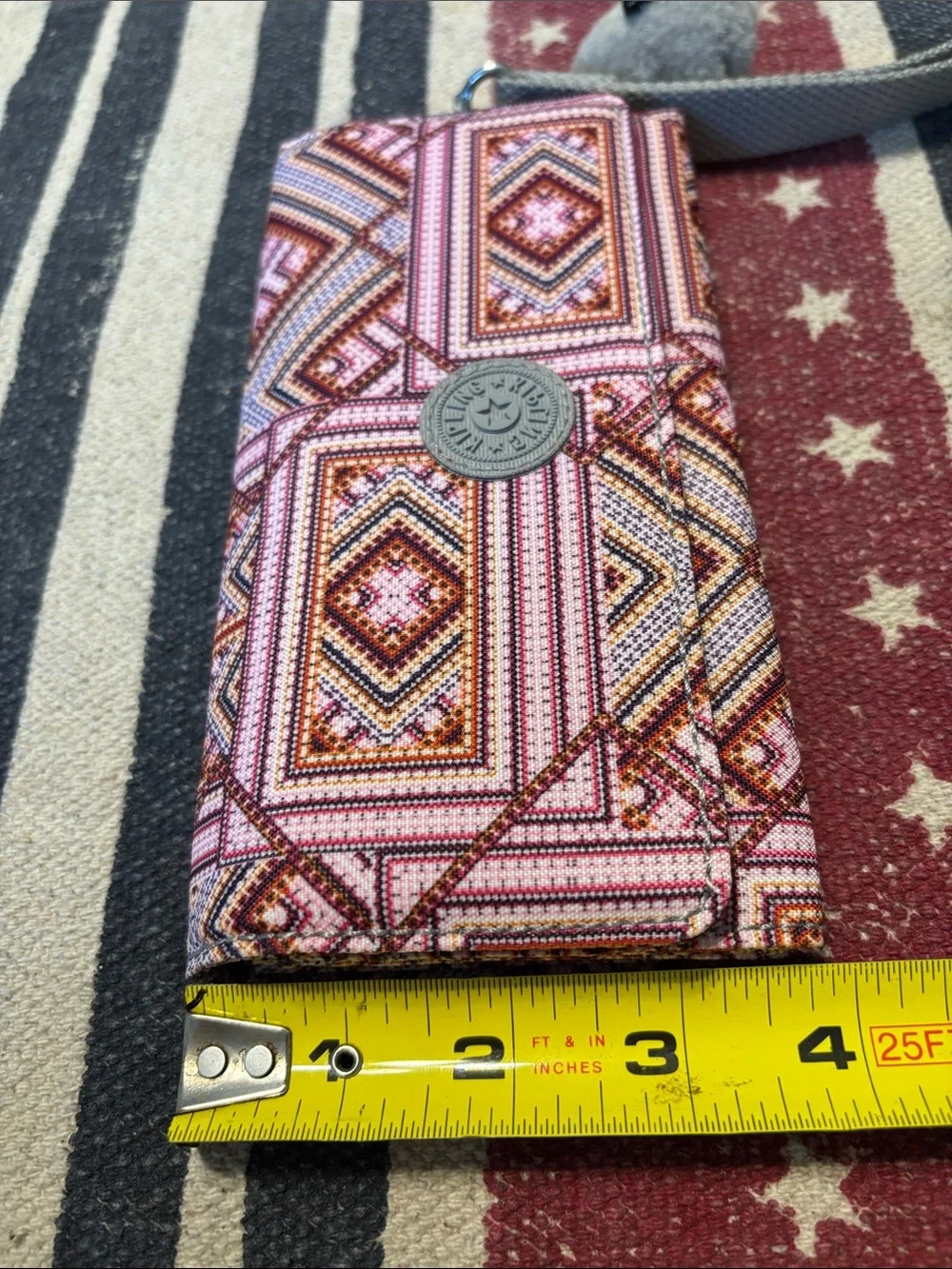 Kipling Pink and Orange Geometric Wristlet Wallet with Monkey Charm